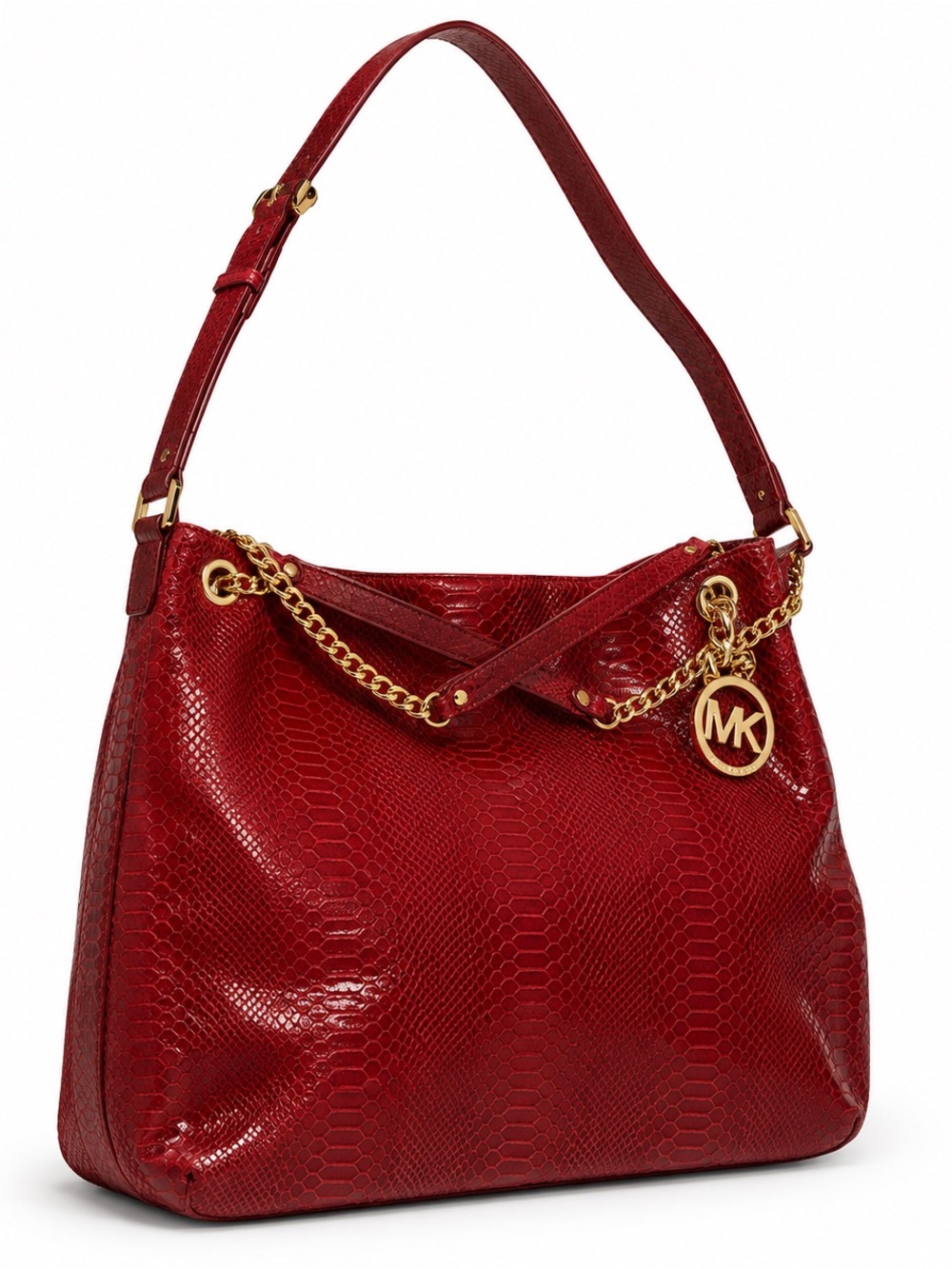 Michael Kors Red Snake-Embossed Shoulder Tote Bag with Gold Chain Charm